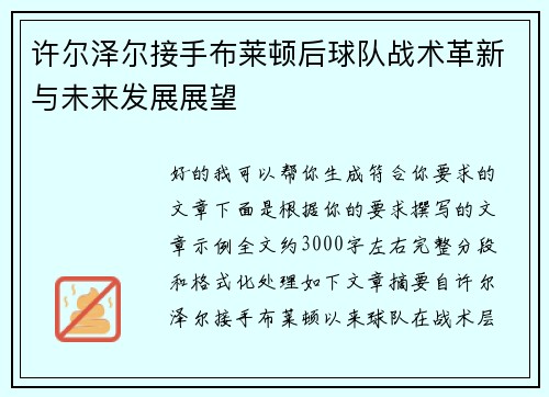 许尔泽尔接手布莱顿后球队战术革新与未来发展展望